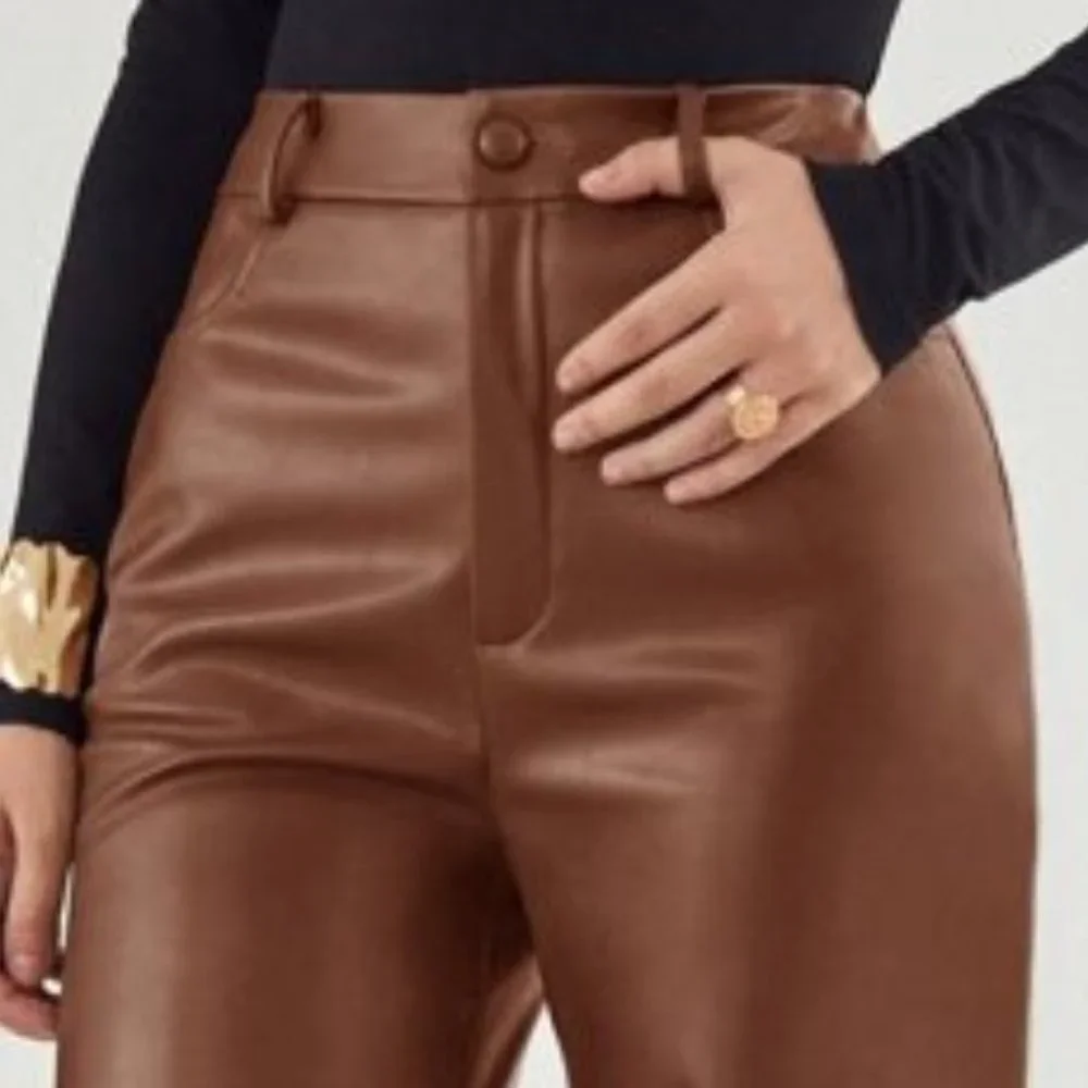 brown faux leather wide legged pants - Picture 4 of 8